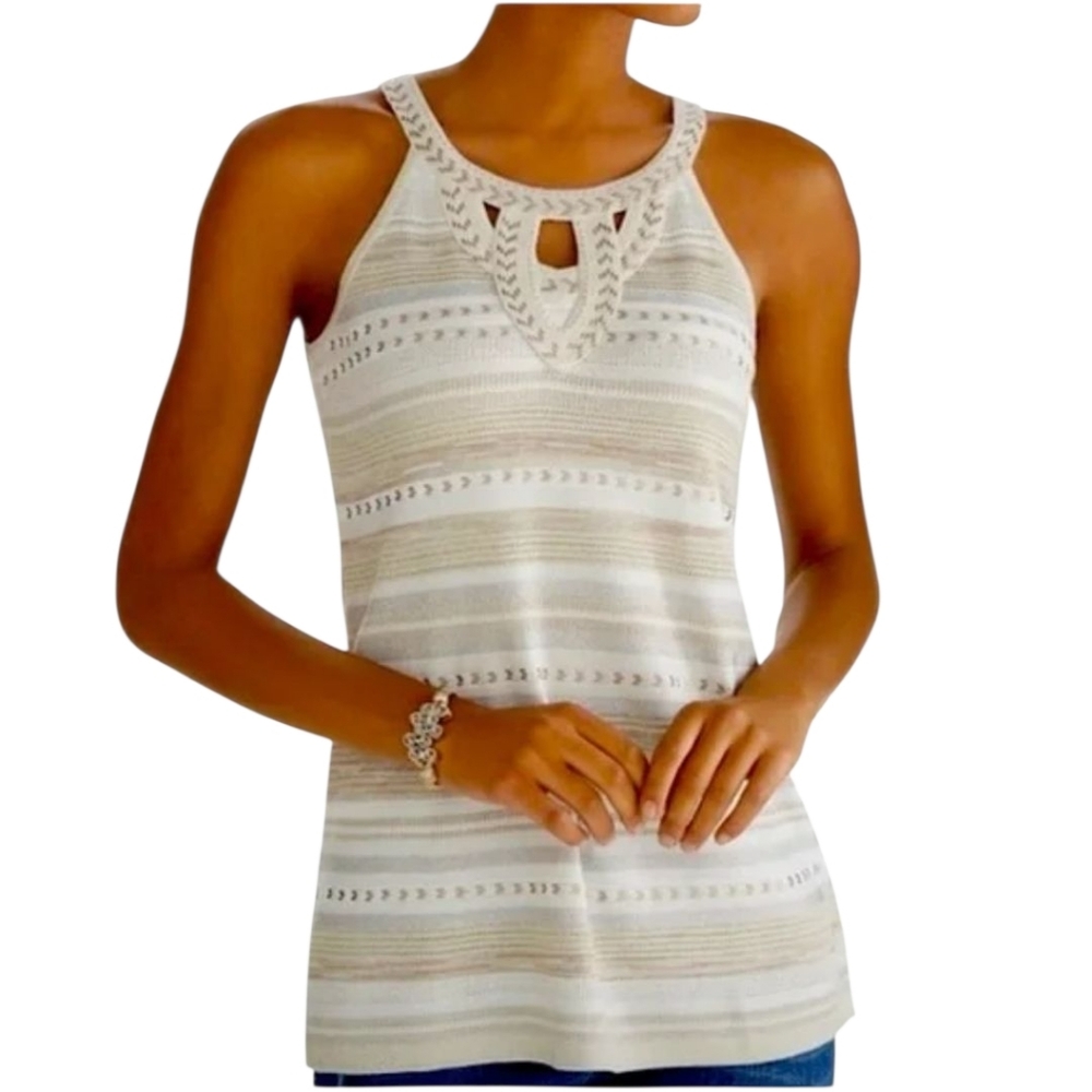 WHITE HOUSE BLACK MARKET Sleeveless Knit Tank Top Beige Crochet Neck Boho Stripe